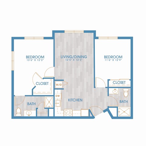 Floor plan for 2 beds, 2 baths, 968 sqft